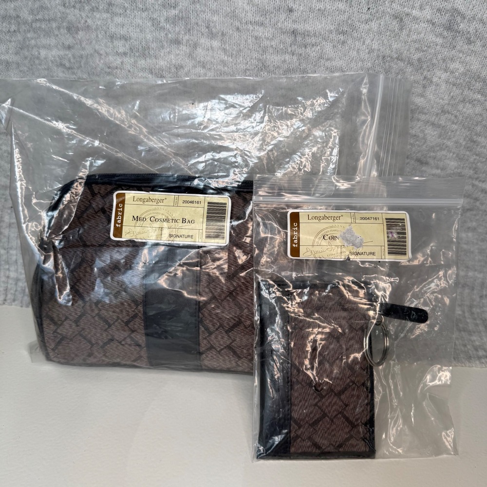 NEW Longaberger Signature Medium Cosmetic Bag and Coin Purse Set Brown Black - Picture 3 of 8